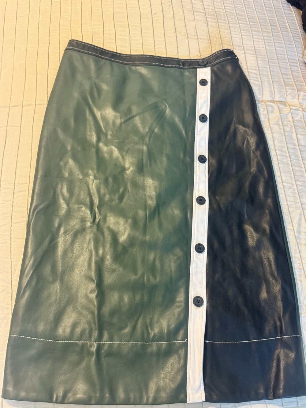STAUD Green, Black and White Faux-Leather Button-Front Midi Skirt